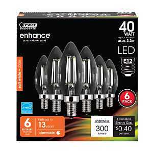 Feit Electric CTC40/927CA/FIL/6 LED Bulb, 300 Lumens, 3.3 W, B10 Lamp, 40 W Equivalent, E12 Lamp Base, Clear, 6/PK