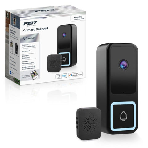 Feit Electric CAM/DOOR/WIFI/G2 Smart Wired Doorbell Camera, Hardwire, 2K QHD Resolution, Night Vision: 32 ft