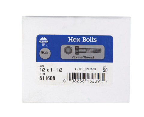 Hillman Hillman Hot Dipped Galvanized Steel Coarse Hex Bolt 1/2 in. Dia. x 1-1/2 in. L 50 box
