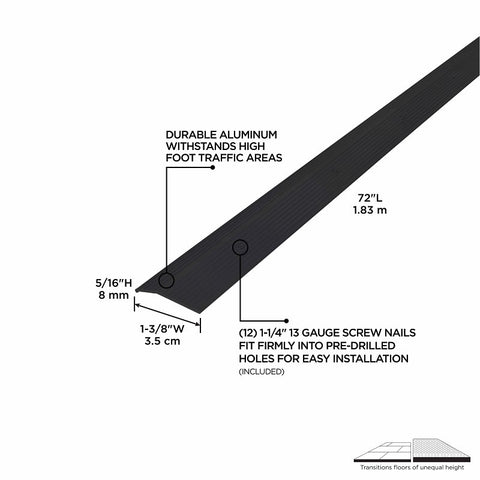 M-D 66268 Carpet Trim, 72 in L, 1-3/8 in W, Aluminum, Black, Matte, Nail Fastener