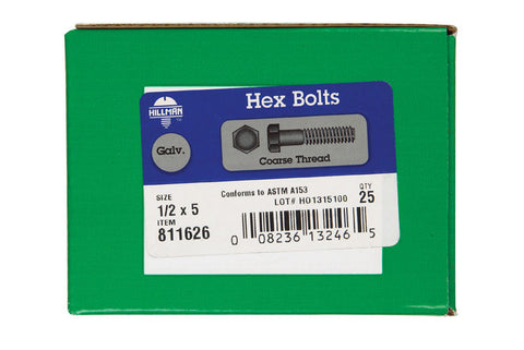 Hillman Hillman Hot Dipped Galvanized Steel Coarse Hex Bolt 1/2 in. Dia. x 5 in. L 25 box