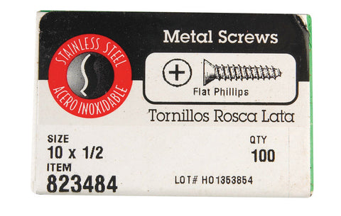 Hillman Flat Head Phillips Drive Sheet Metal Screws Stainless Steel 10 x 1/2 in. L 100 per bo