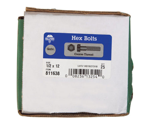 Hillman Hillman Galvanized Steel Coarse Hex Bolt 1/2 in. Dia. x 12 in. L 25 box
