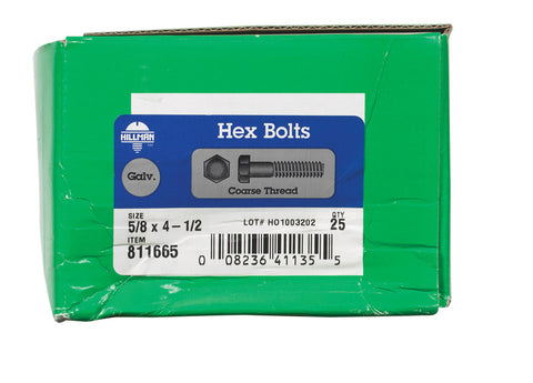 Hillman Hillman Hot Dipped Galvanized Steel Coarse Hex Bolt 5/8 in. Dia. x 4-1/2 in. L 25 box