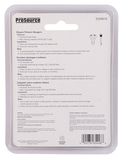 ProSource PH-122272-PS Picture Hanger, 50 lb, Steel, Polished Brass, Brass, Nail-In Mounting