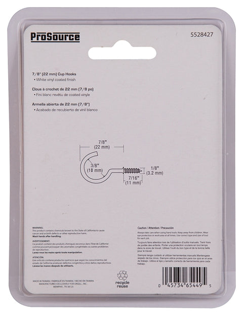 ProSource PH-122236-PS Cup Hook, 1/8 in Thread, 33 mm L, Steel, Vinyl-Coated