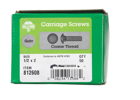 Hillman 1/2 Dia. x 2 in. L Hot Dipped Galvanized Carriage Bolt 50 pk