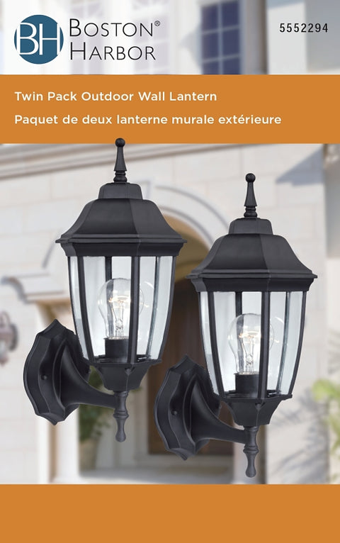 Boston Harbor HL-018B-BK Outdoor Wall Lantern, 120 V, 60 W, Type A Lamp, Aluminum Fixture, Black, Pack of 2