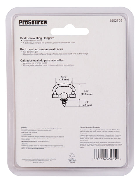 ProSource PH-122321-PS Frame Hanger, 2 lb, Brass, Polished Brass, Brass, 5/8 in Opening, Screw Mounting