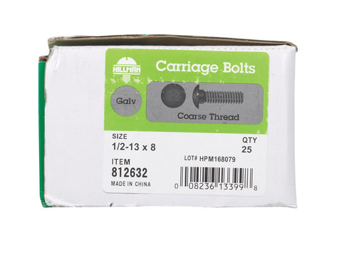 Hillman 1/2 Dia. x 8 in. L Hot Dipped Galvanized Carriage Bolt 25 pk