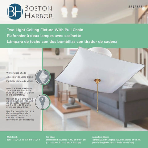 Boston Harbor F98WH02SW-1264H3L Two Light Ceiling Fixture With Pull Chain, 120 V, 60 W, 2-Lamp, A19 or CFL Lamp