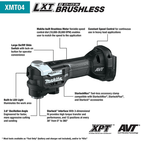 Makita XMT04ZB Cordless Multi-Tool, Tool Only, 18 V, 10,000 to 20,000 opm, 3.6 deg Oscillating, Electronic Control