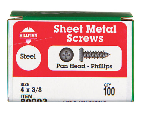 Hillman Pan Head Phillips Drive Sheet Metal Screws Steel 4 x 3/8 in. L 100 per box