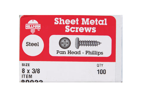Hillman Pan Head Phillips Drive Sheet Metal Screws Steel 8 x 3/8 in. L 100 per box