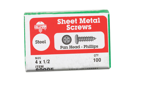 Hillman Pan Head Phillips Drive Sheet Metal Screws Steel 4 x 1/2 in. L 100 per box