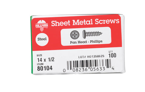 Hillman Pan Head Phillips Drive Sheet Metal Screws Steel 14 x 1/2 in. L 100 per box