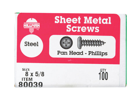 Hillman Pan Head Phillips Drive Sheet Metal Screws Steel 8 x 5/8 in. L 100 per box