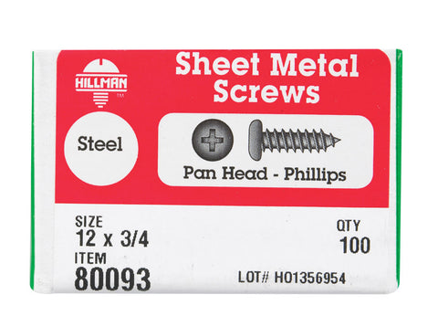 Hillman Pan Head Phillips Drive Sheet Metal Screws Steel 12 x 3/4 in. L 100 per box