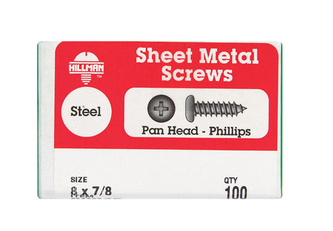 Hillman Pan Head Phillips Drive Sheet Metal Screws Steel 8 x 7/8 in. L 100 per box
