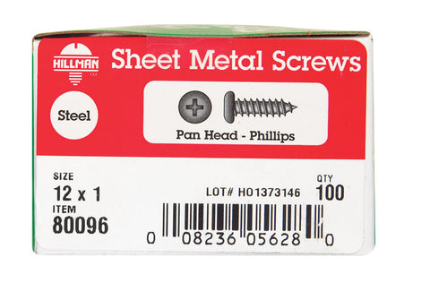 Hillman Pan Head Phillips Drive Sheet Metal Screws Steel 12 x 1 in. L 100 per box
