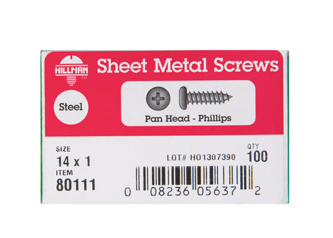 Hillman Pan Head Phillips Drive Sheet Metal Screws Steel 14 x 1 in. L 100 per box