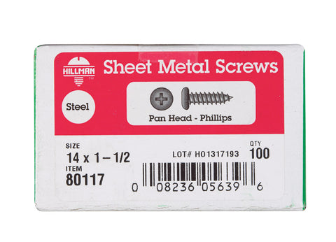 Hillman Pan Head Phillips Drive Sheet Metal Screws Steel 14 x 1-1/2 in. L 100 per box