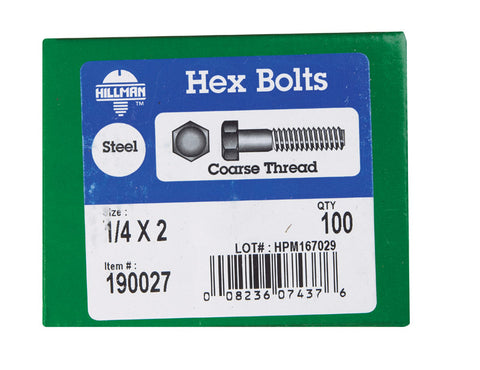 Hillman Hillman Zinc Steel Coarse Hex Bolt 1/4 in. Dia. x 2 in. L 100 box
