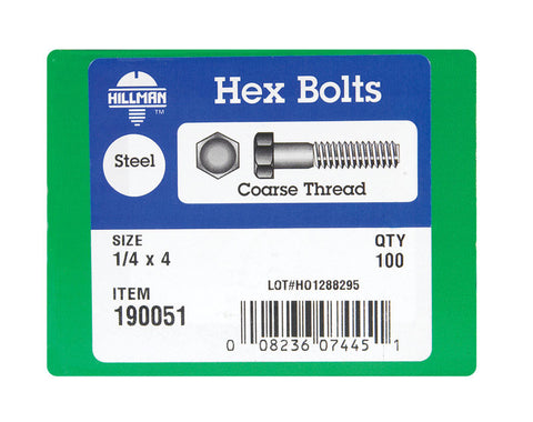 Hillman Hillman Zinc Steel Coarse Hex Bolt 1/4 in. Dia. x 4 in. L 100 box