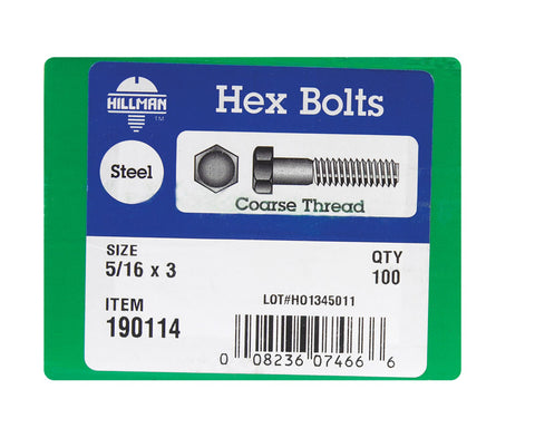 Hillman Hillman Zinc Steel Coarse Hex Bolt 5/16 in. Dia. x 3 in. L 100 box