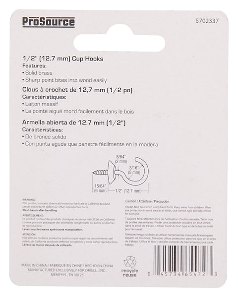 ProSource LR-381-PS Cup Hook, 3/16 in Opening, 2.5 mm Thread, 3/4 in L, Brass, Brass