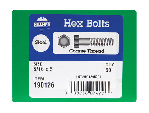 Hillman Hillman Zinc Steel Coarse Hex Bolt 5/16 in. Dia. x 5 in. L 50 box