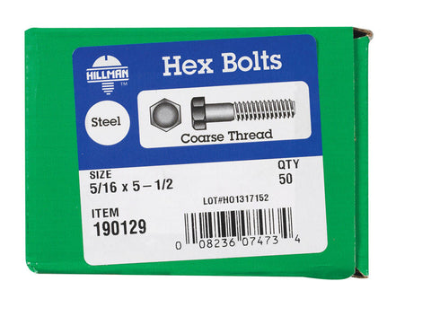 Hillman Hillman Zinc Steel Coarse Hex Bolt 5/16 in. Dia. x 5-1/2 in. L 50 box
