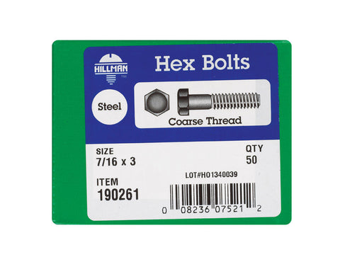 Hillman Hillman Zinc Steel Coarse Hex Bolt 7/16 in. Dia. x 3 in. L 50 box