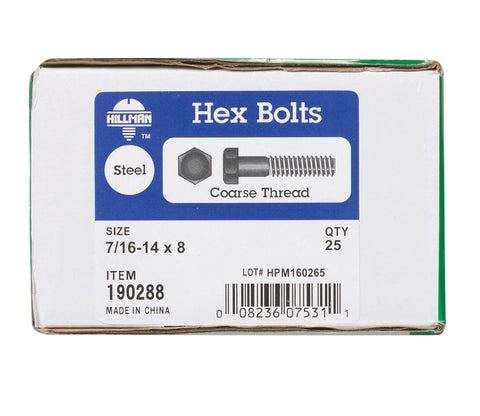 Hillman Hillman Zinc Steel Coarse Hex Bolt 7/16 in. Dia. x 8 in. L 25 box