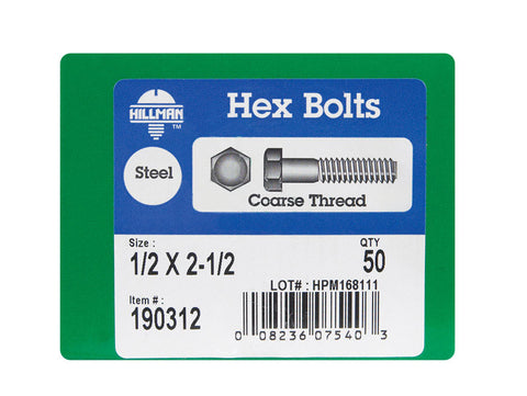 Hillman Hillman Zinc Steel Coarse Hex Bolt 1/2 in. Dia. x 2-1/2 in. L 50 box