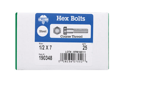 Hillman Hillman Zinc Steel Coarse Hex Bolt 1/2 in. Dia. x 7 in. L 25 box