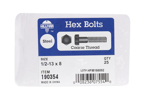 Hillman Hillman Zinc Steel Coarse Hex Bolt 1/2 in. Dia. x 8 in. L 25 box