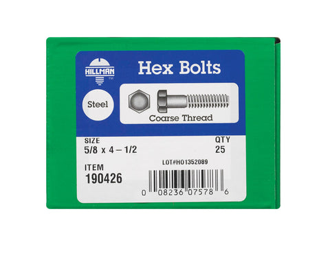Hillman Hillman Zinc Steel Coarse Hex Bolt 5/8 in. Dia. x 4-1/2 in. L 25 box