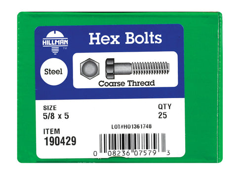 Hillman Hillman Zinc Steel Coarse Hex Bolt 5/8 in. Dia. x 5 in. L 25 box