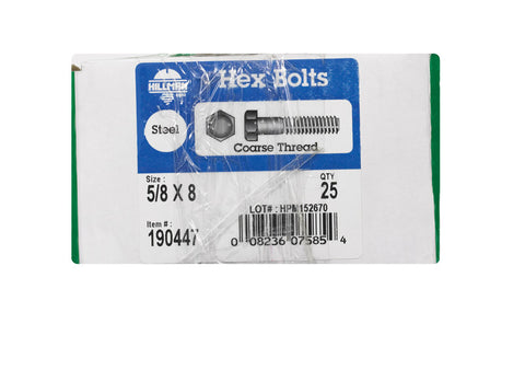 Hillman Hillman Zinc Steel Coarse Hex Bolt 5/8 in. Dia. x 8 in. L 25 box