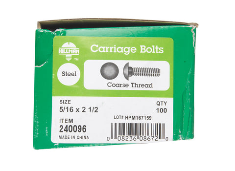Hillman 5/16 Dia. x 2-1/2 in. L Zinc Carriage Bolt 100 pk