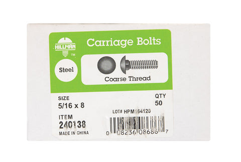 Hillman 5/16 Dia. x 8 in. L Zinc Carriage Bolt 50 pk