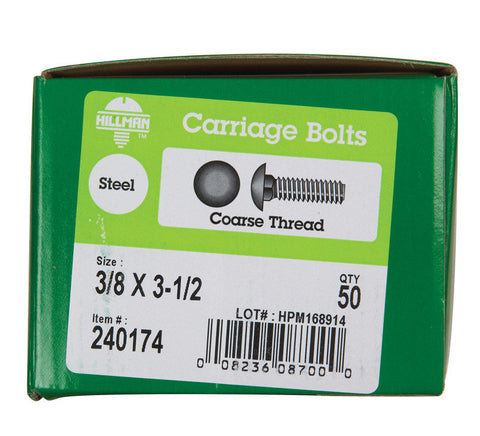 Hillman 3/8 Dia. x 3-1/2 in. L Zinc Carriage Bolt 50 pk