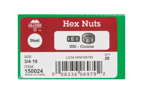 Hillman 3/4 Zinc-Plated Steel SAE Hex Nut 20 pk