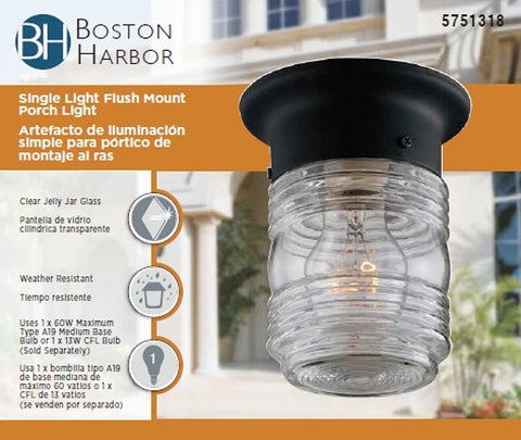 Boston Harbor HV-66919-BK3L Porch Light, 120 V, 60 W, A19 or CFL Lamp, Steel Fixture, Black, Black Fixture