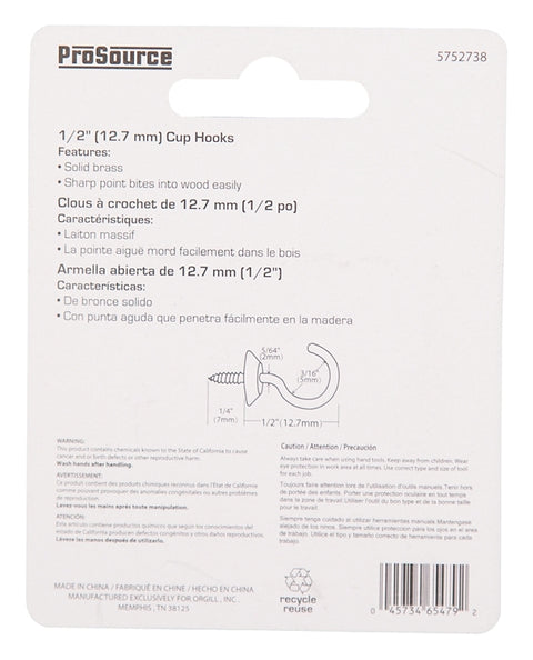 ProSource LR-388-PS Cup Hook, 3/16 in Opening, 2.5 mm Thread, 3/4 in L, Brass, Brass