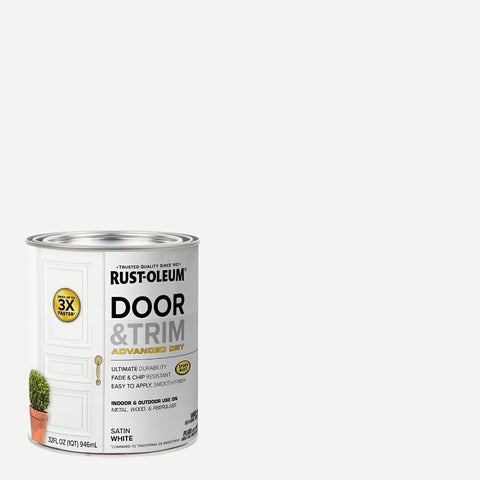 Rust-Oleum 369384 Door and Trim Paint, Water, Satin, White, 1 qt, 40 to 65 sq-ft/qt Coverage Area, Pack of 2