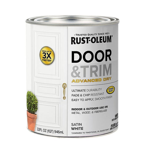 Rust-Oleum 369384 Door and Trim Paint, Water, Satin, White, 1 qt, 40 to 65 sq-ft/qt Coverage Area, Pack of 2