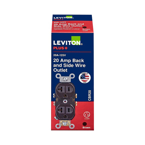 Leviton CBR20 Commercial-Grade Duplex Outlet, 2 -Pole, 20 A, 125 VAC, NEMA: NEMA 5-20R, Brown