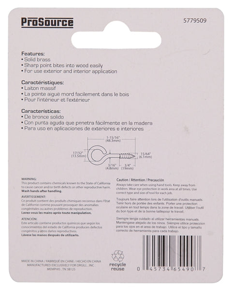 ProSource LR-240-PS Screw Eye, 4.8 mm Dia Wire, 6 mm Thread, 3/4 in L Thread, 1-15/16 in OAL, Brass, Brass Plated